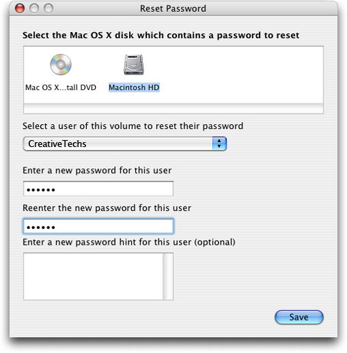 reset admin password without disk for os x 10.4.1